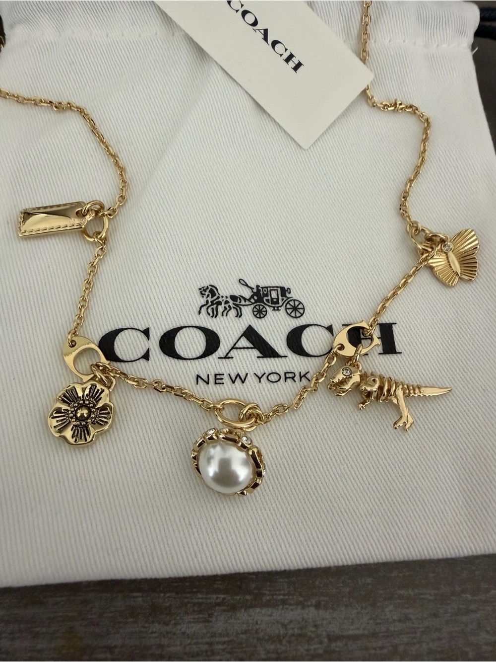 NWT Coach Signature Heritage Pearl Dinosaur Mixed Charm Bib Gold Necklace Rare